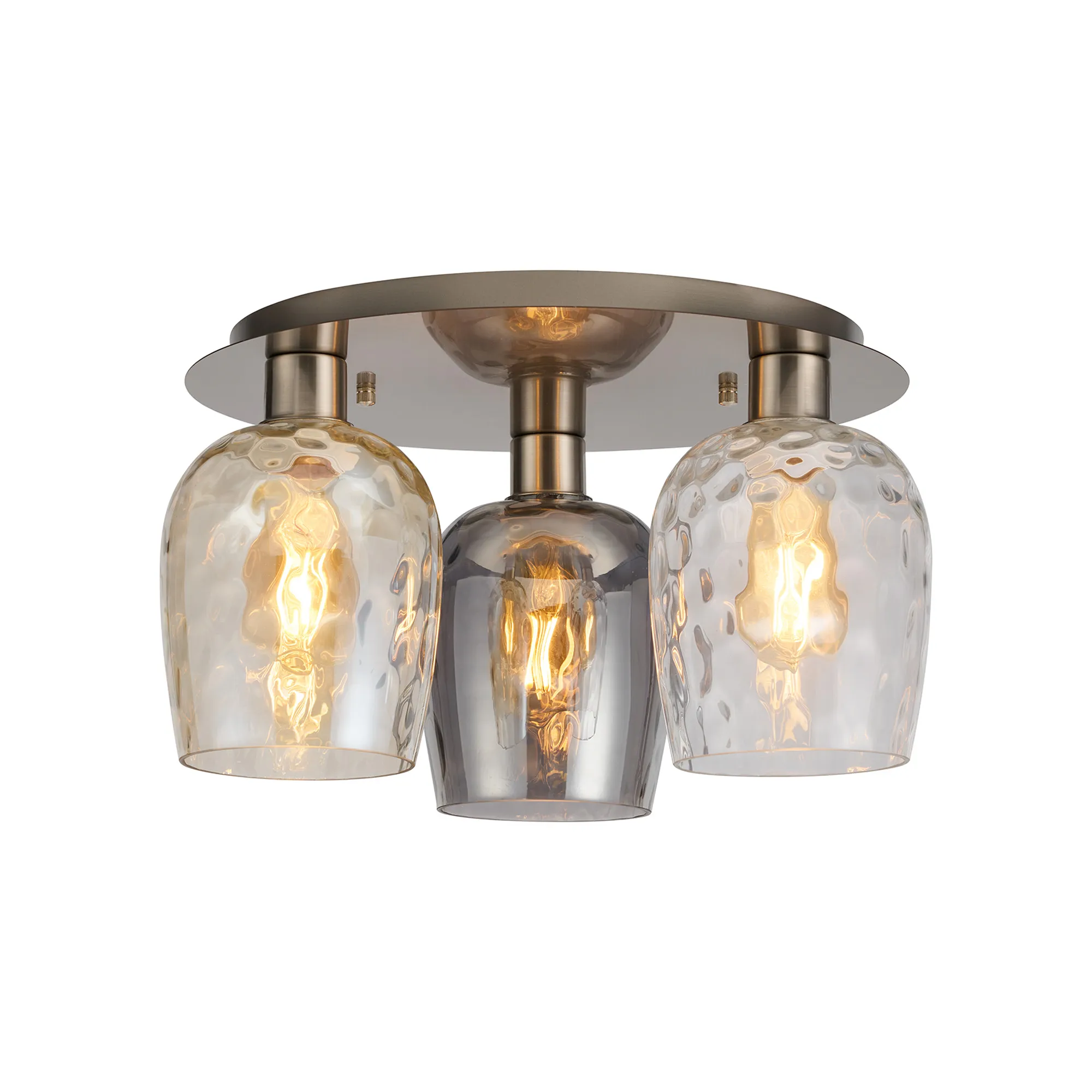 DK1434  Lori 40cm Round Ceiling Flush, 3 Light Flush Fitting, Satin Nickel/Champagne/Clear/Smoke Ripple Wine Shades